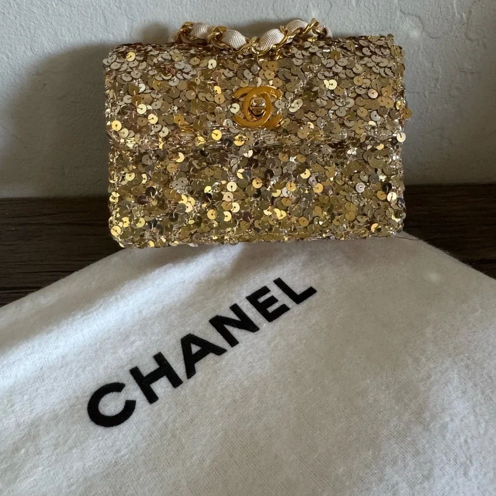 Vintage Chanel Micro Half Flap bag in gold sequin, ribbed satin, gold hardware